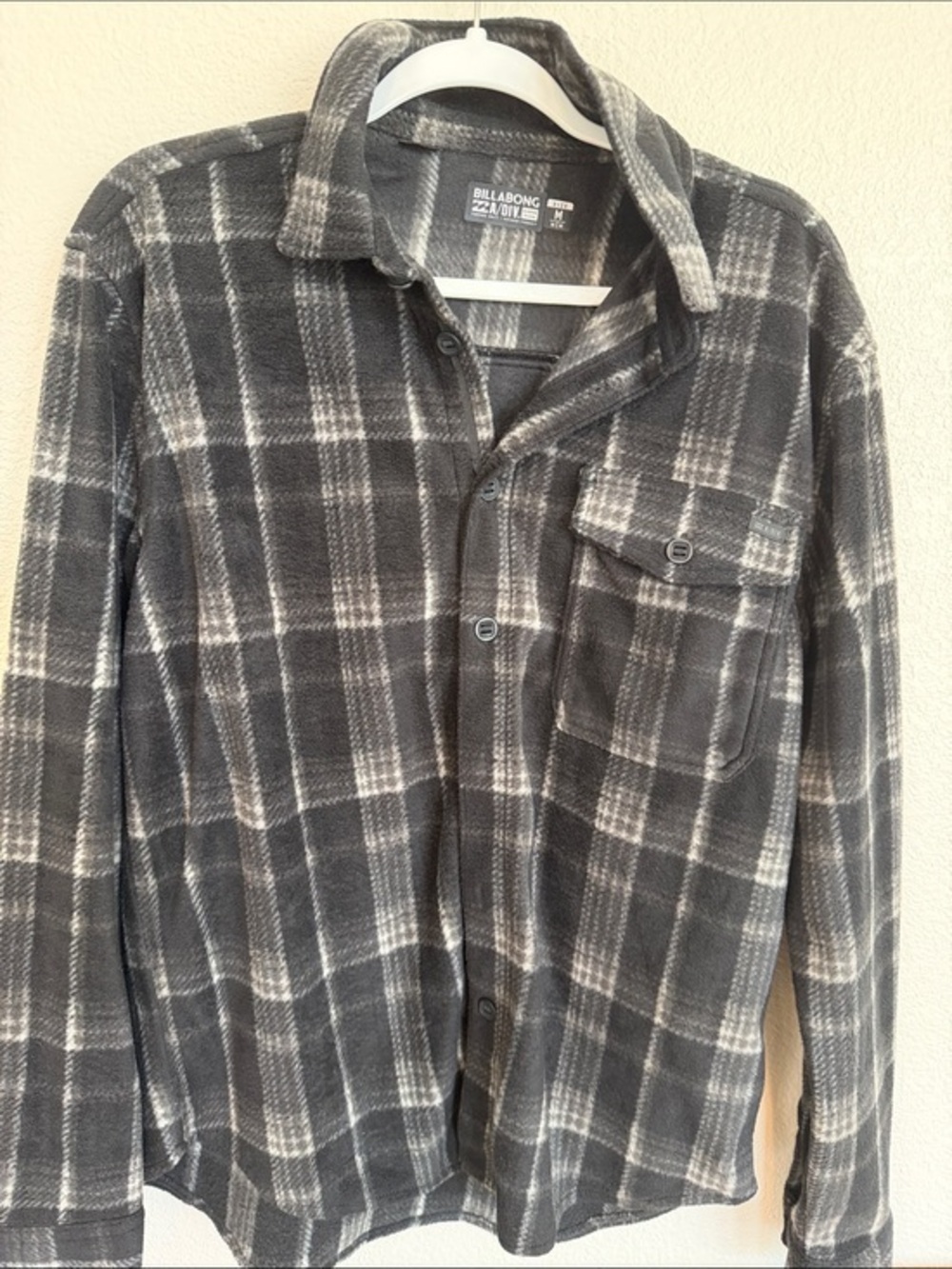 Billabong Gray and White Plaid Fleece Shirt M